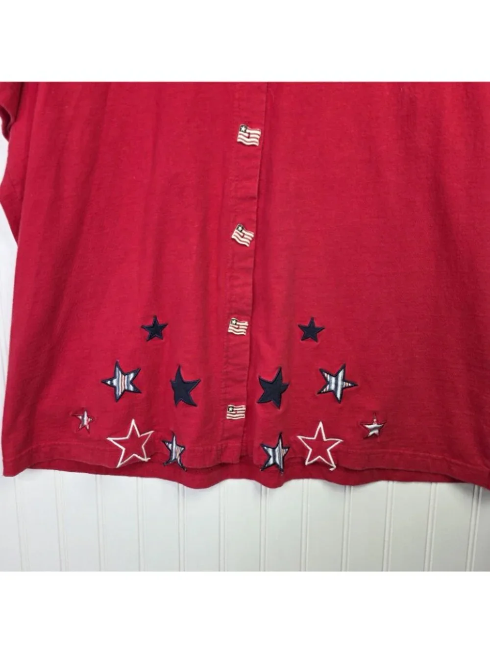 Onque Woman Shirt Womens 1X Red Patriotic Star Embroidered Button Top Casual